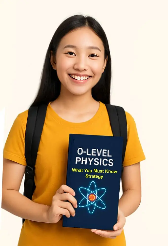 Confident O Level Physics student holding exam strategy ebook